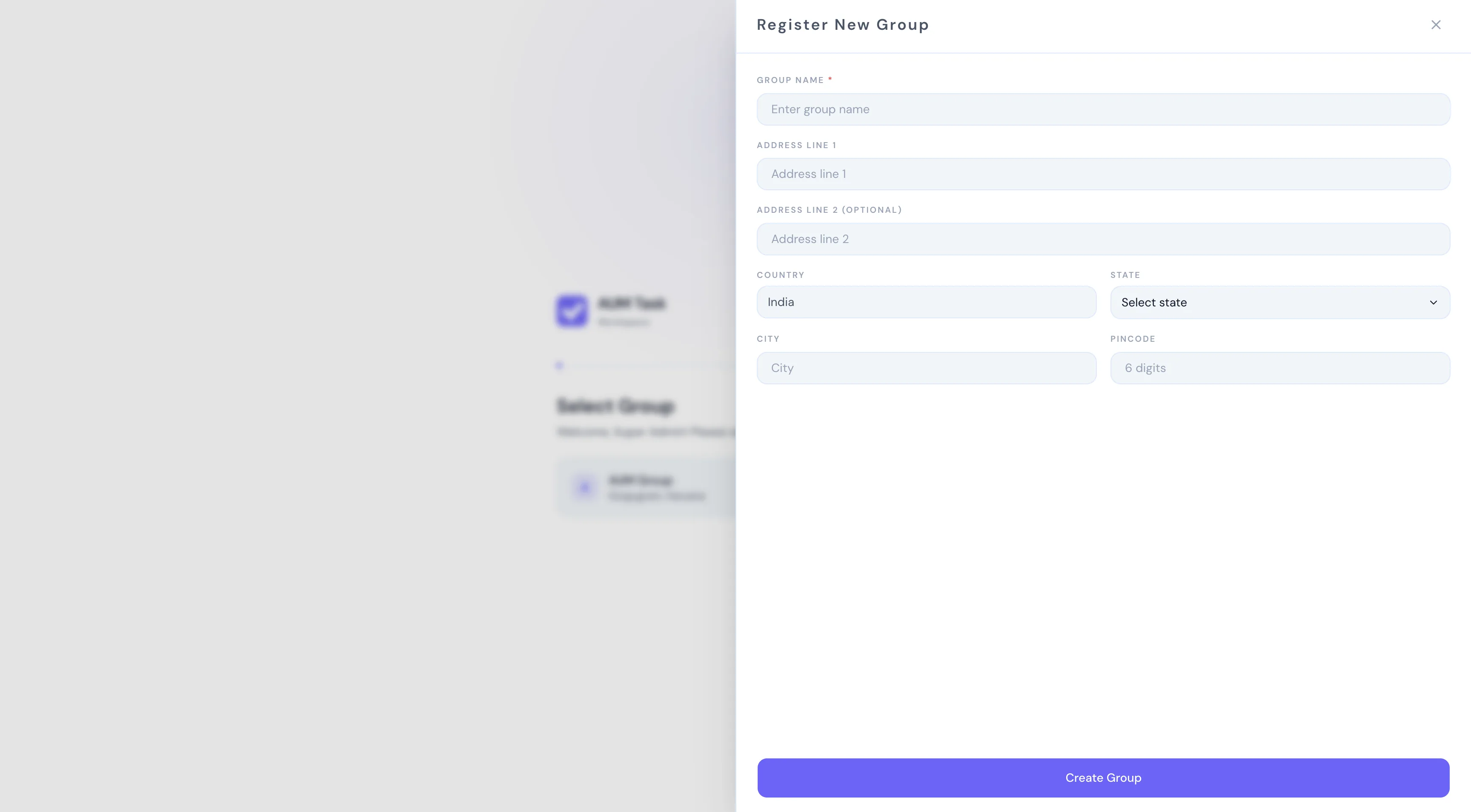 AUM Task Register New Group Setup
